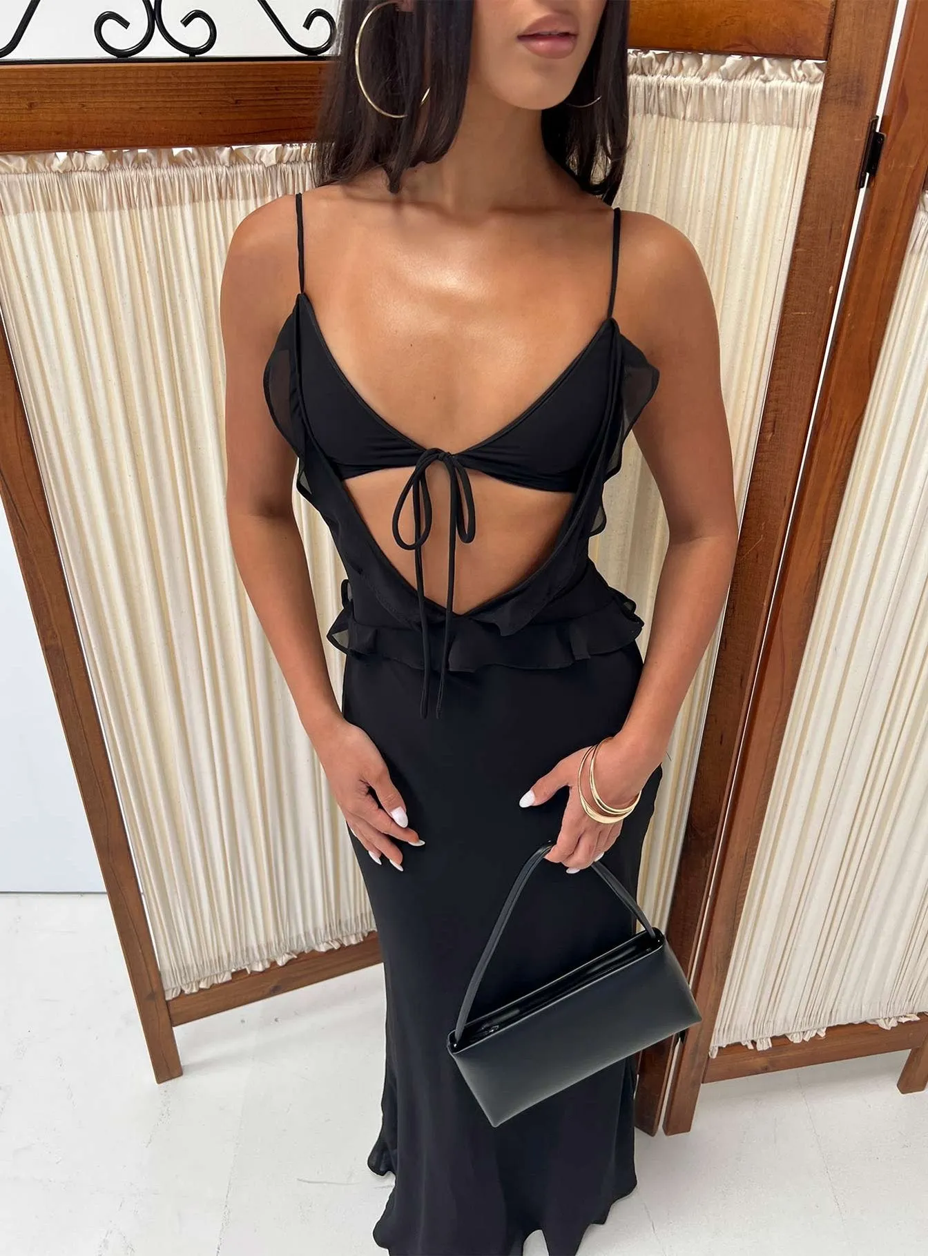 Isamia Frill Cutout Maxi Dress Black sold by Princess Polly