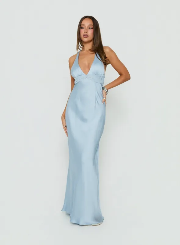 Odyssa Halter Maxi Dress Blue Slate made by Princess Polly