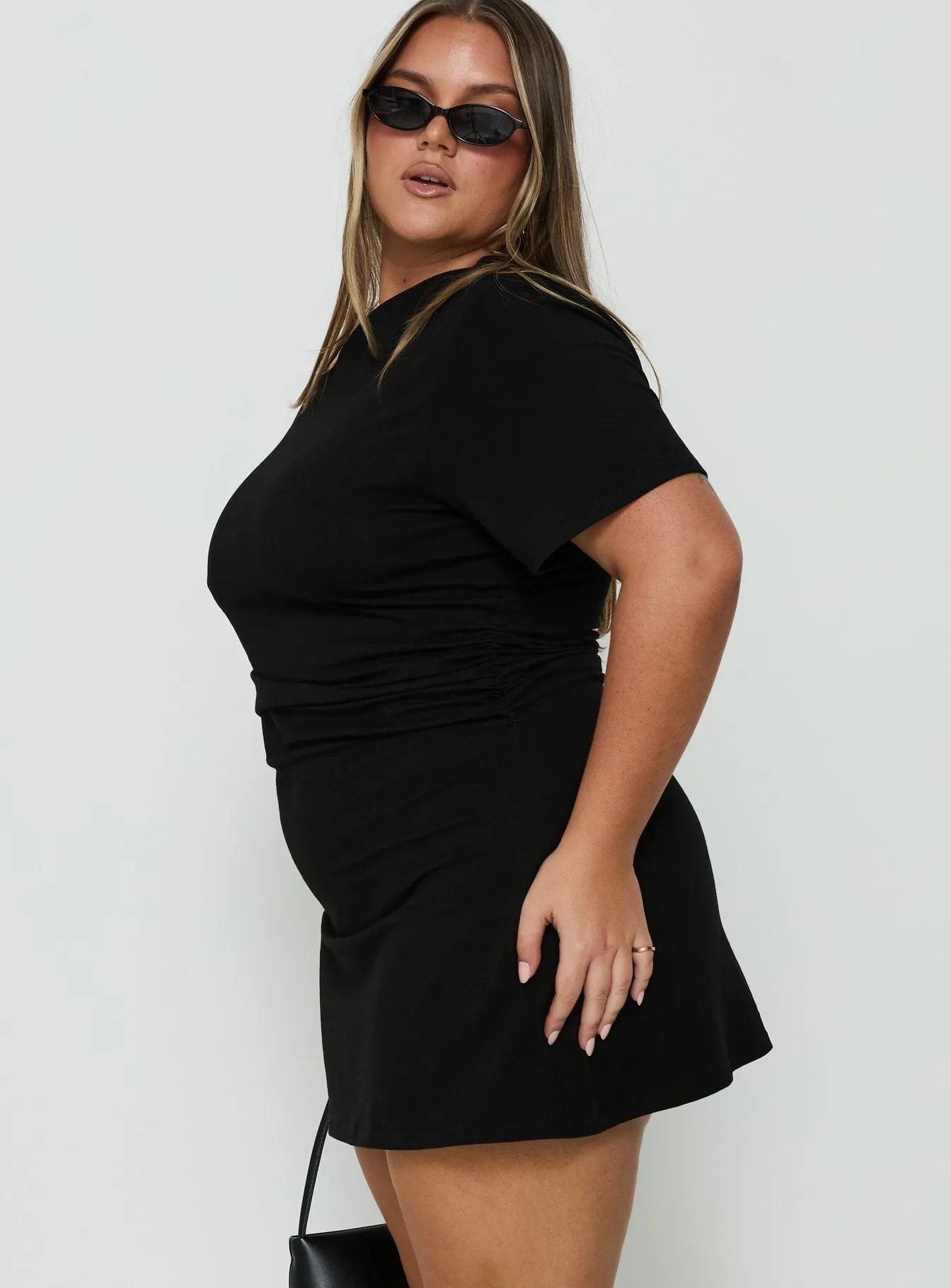 Avriana Off Shoulder T-Shirt Mini Dress Black Curve sold by Princess Polly product image thumbnail 4
