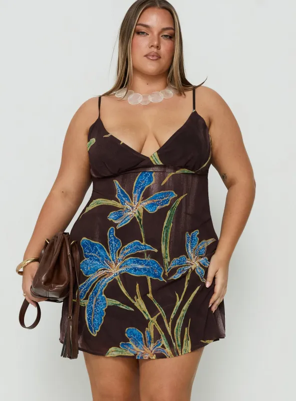 Isakaia Beaded Mini Dress Brown Floral Curve made by Princess Polly