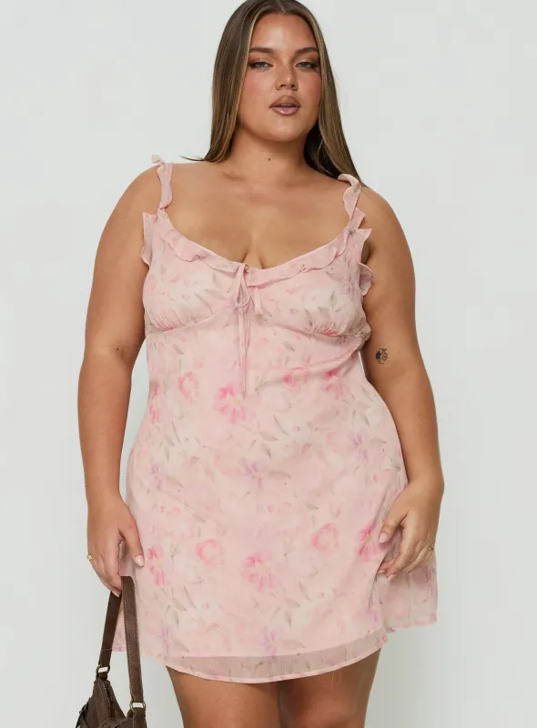 Dewdrops Chiffon Frill Mini Dress Pink Floral Curve made by Princess Polly