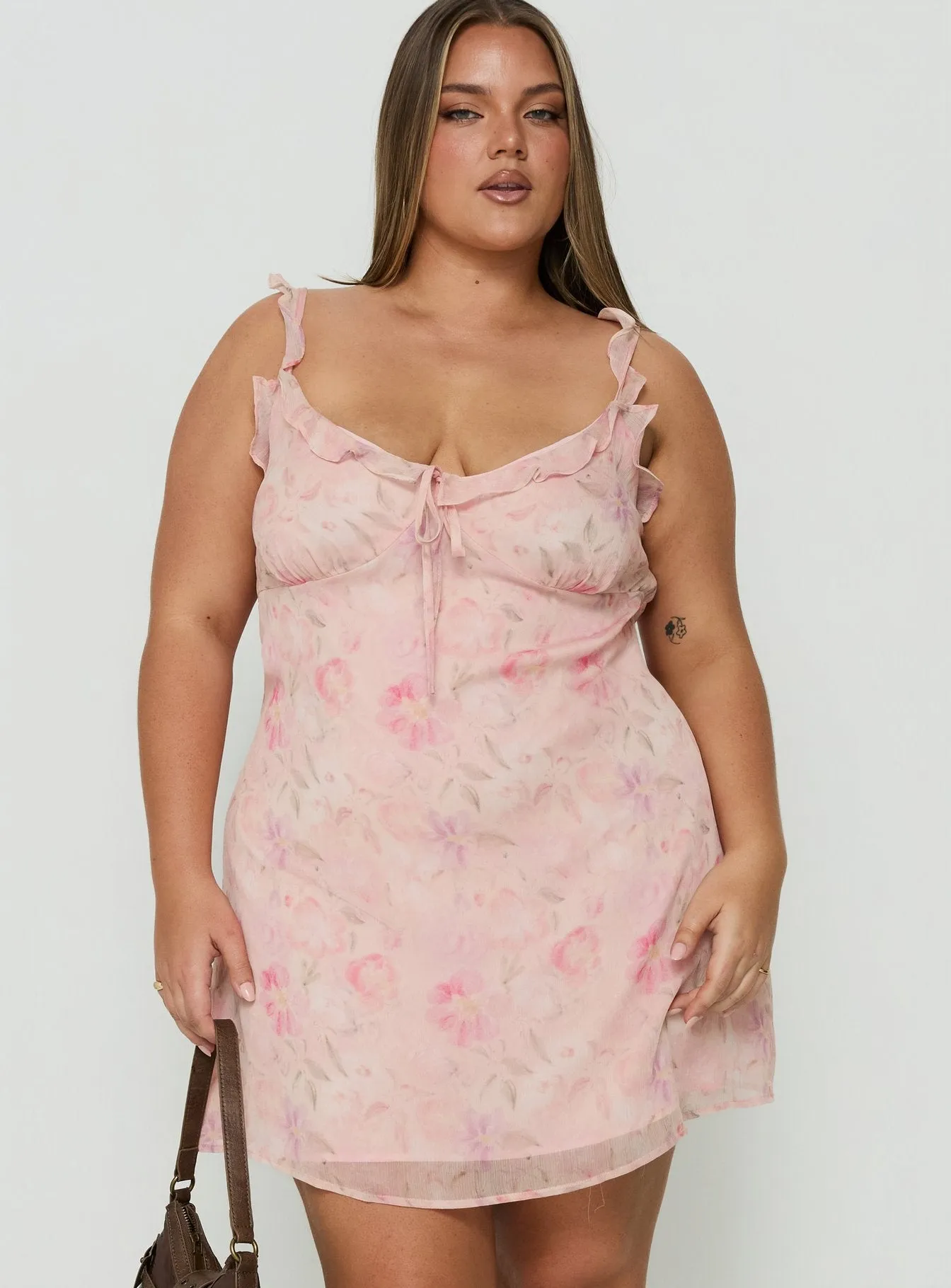 Dewdrops Chiffon Frill Mini Dress Pink Floral Curve sold by Princess Polly