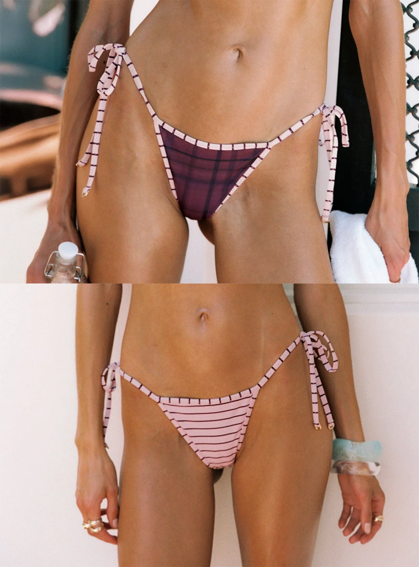 Beasley Reversible Tie Side Bikini Bottoms Pink Check / Stripe sold by Princess Polly