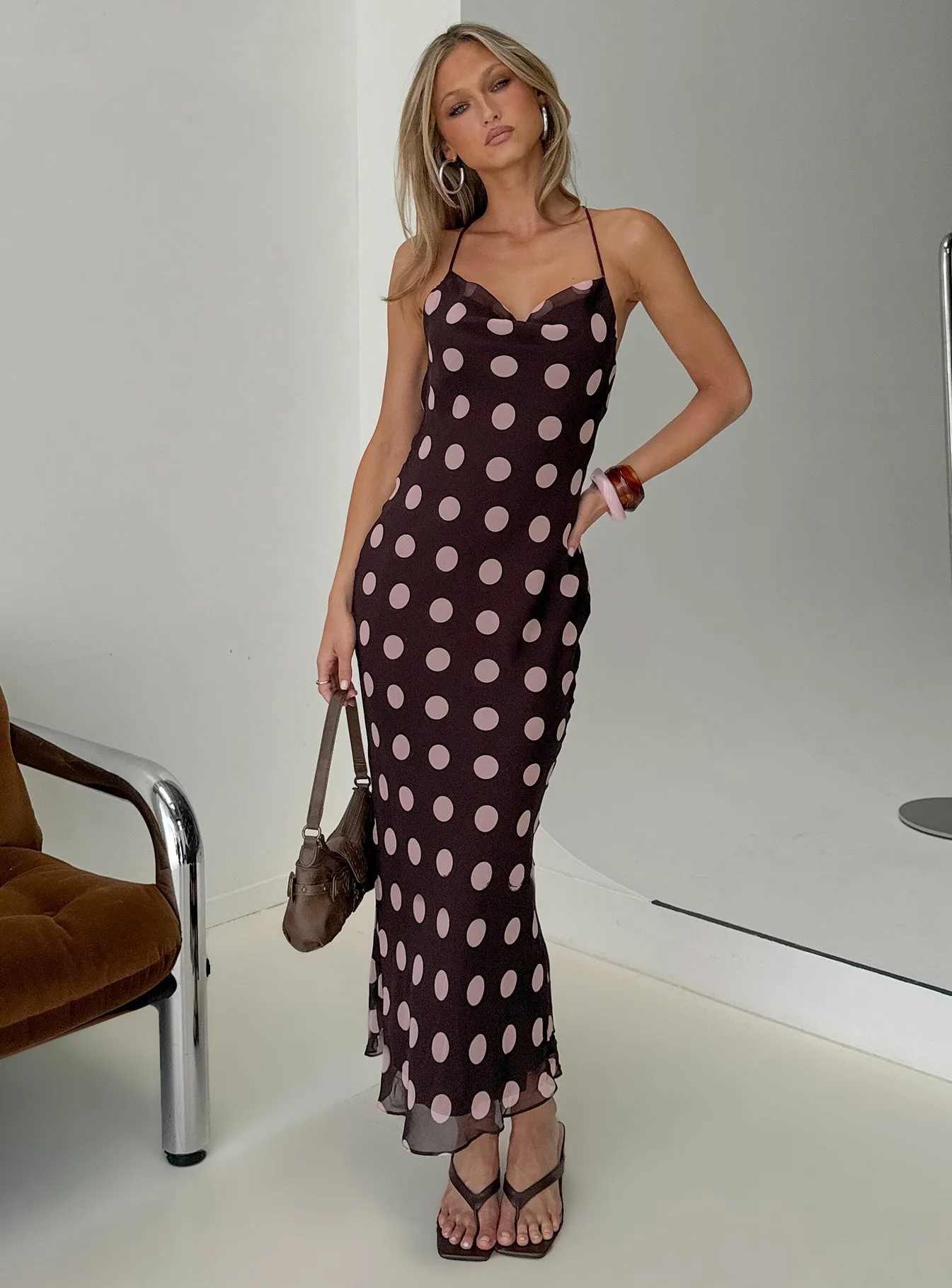 Andreana Low Back Maxi Dress Burgundy Polka Dot sold by Princess Polly