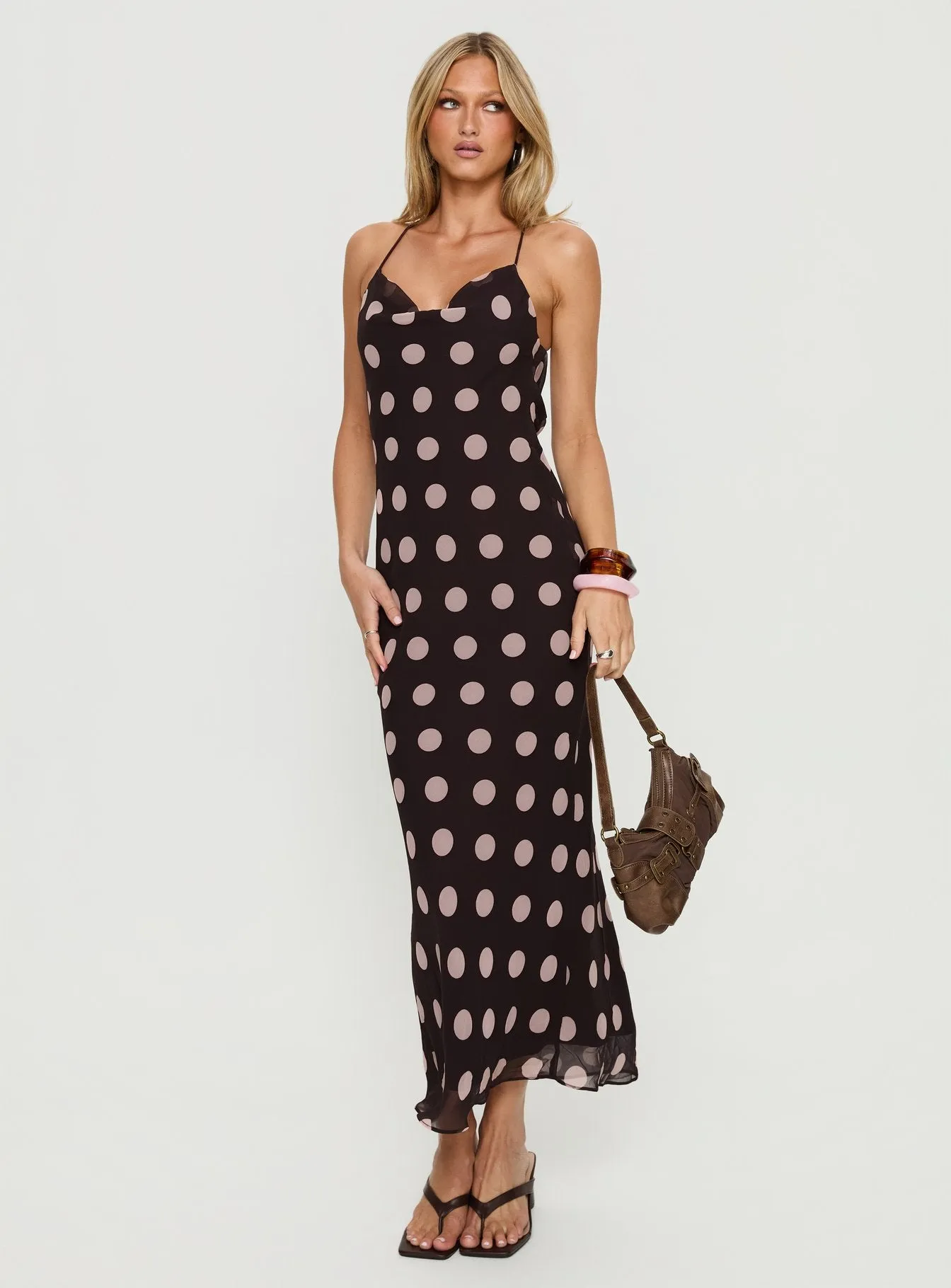 Andreana Low Back Maxi Dress Burgundy Polka Dot sold by Princess Polly product image thumbnail 2