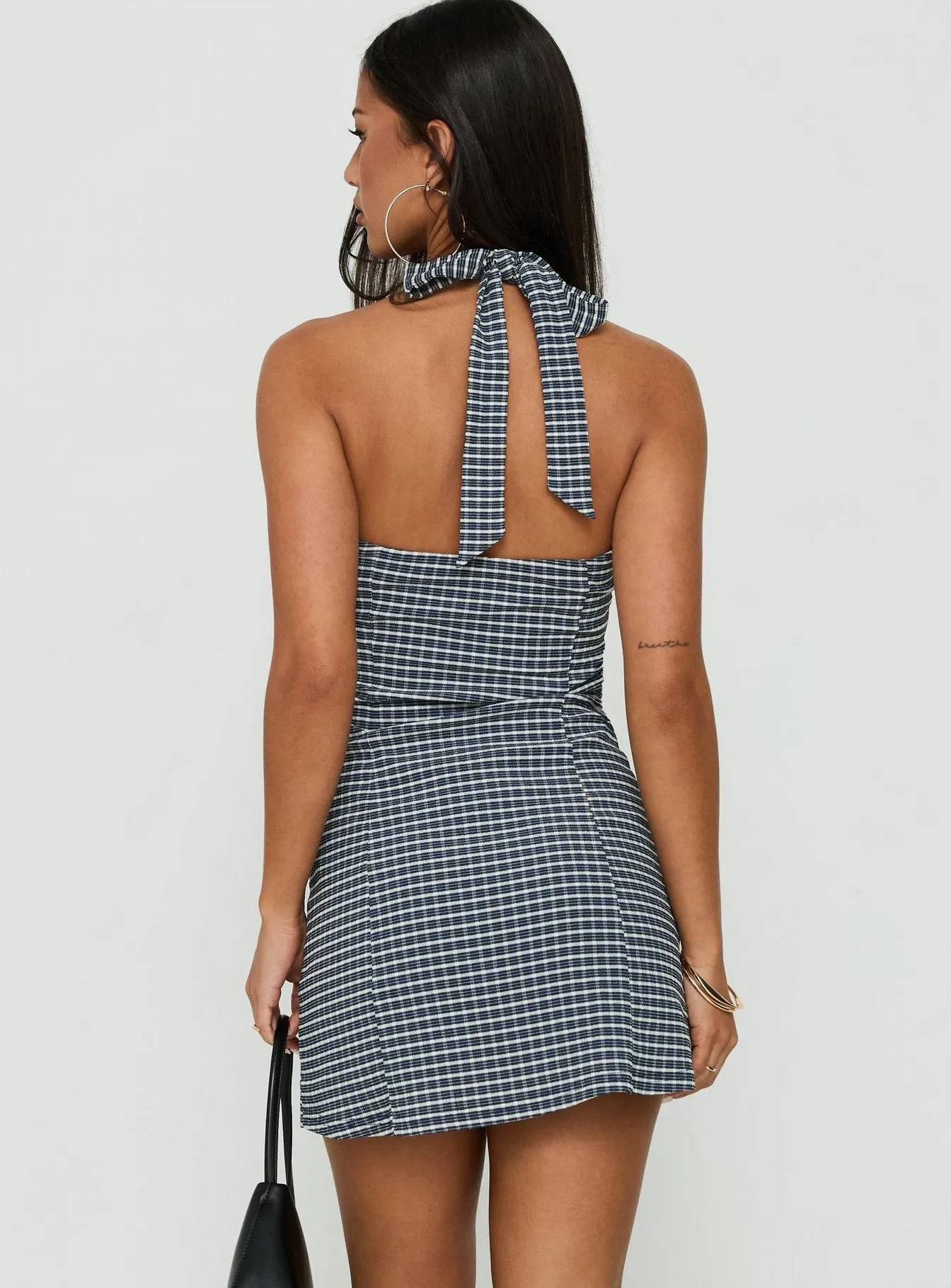 Fabrizia Halter Lace Trim Mini Dress Navy Check sold by Princess Polly product image thumbnail 4