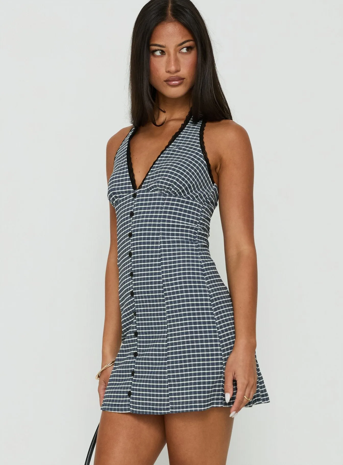Fabrizia Halter Lace Trim Mini Dress Navy Check sold by Princess Polly product image thumbnail 3