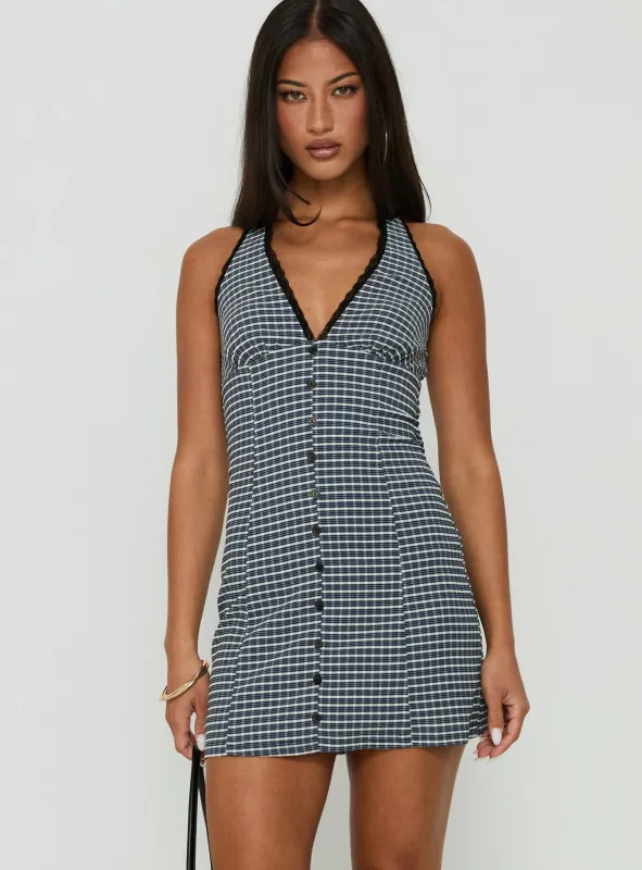 Fabrizia Halter Lace Trim Mini Dress Navy Check made by Princess Polly