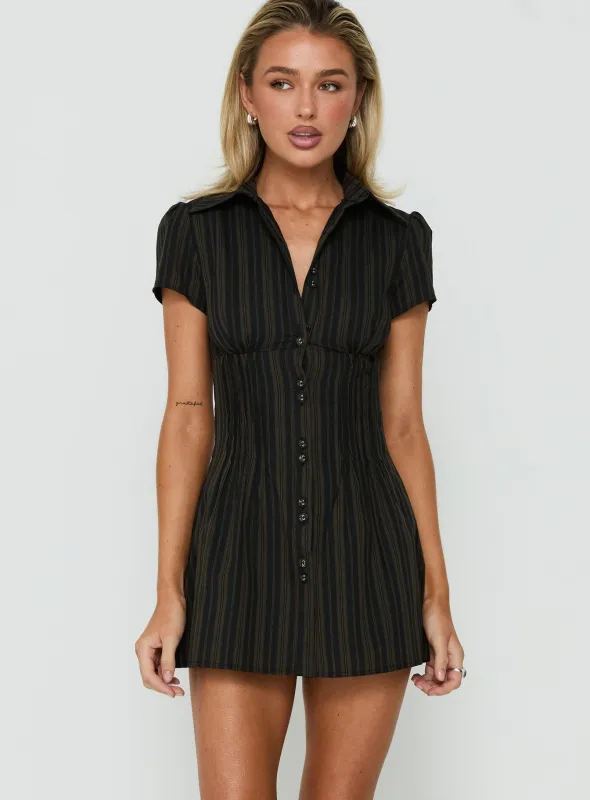 Selenne Collared Short Sleeve Playsuit Brown / Black Stripe made by Princess Polly