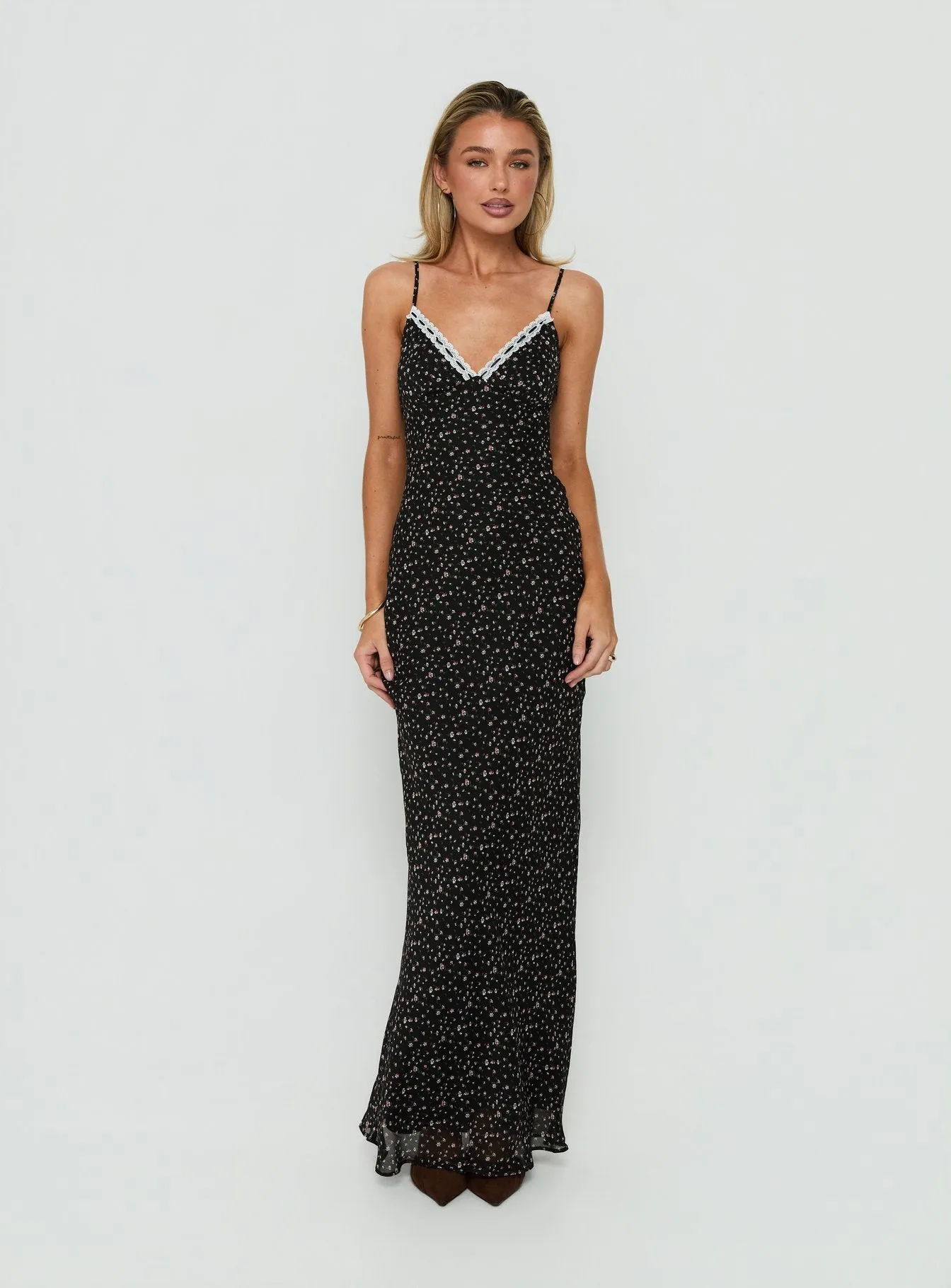 Alasia Lace Trim V Neck Maxi Dress Black Floral sold by Princess Polly product image thumbnail 2