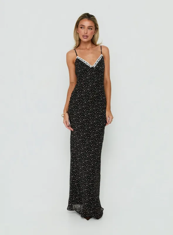 Alasia Lace Trim V Neck Maxi Dress Black Floral made by Princess Polly