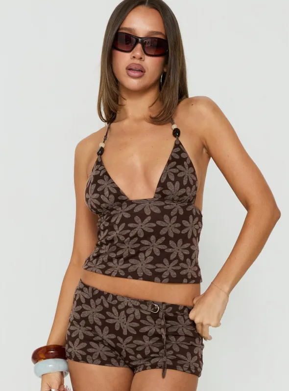 Elaris Bead Detail Halter Neck Top Brown Floral made by Princess Polly