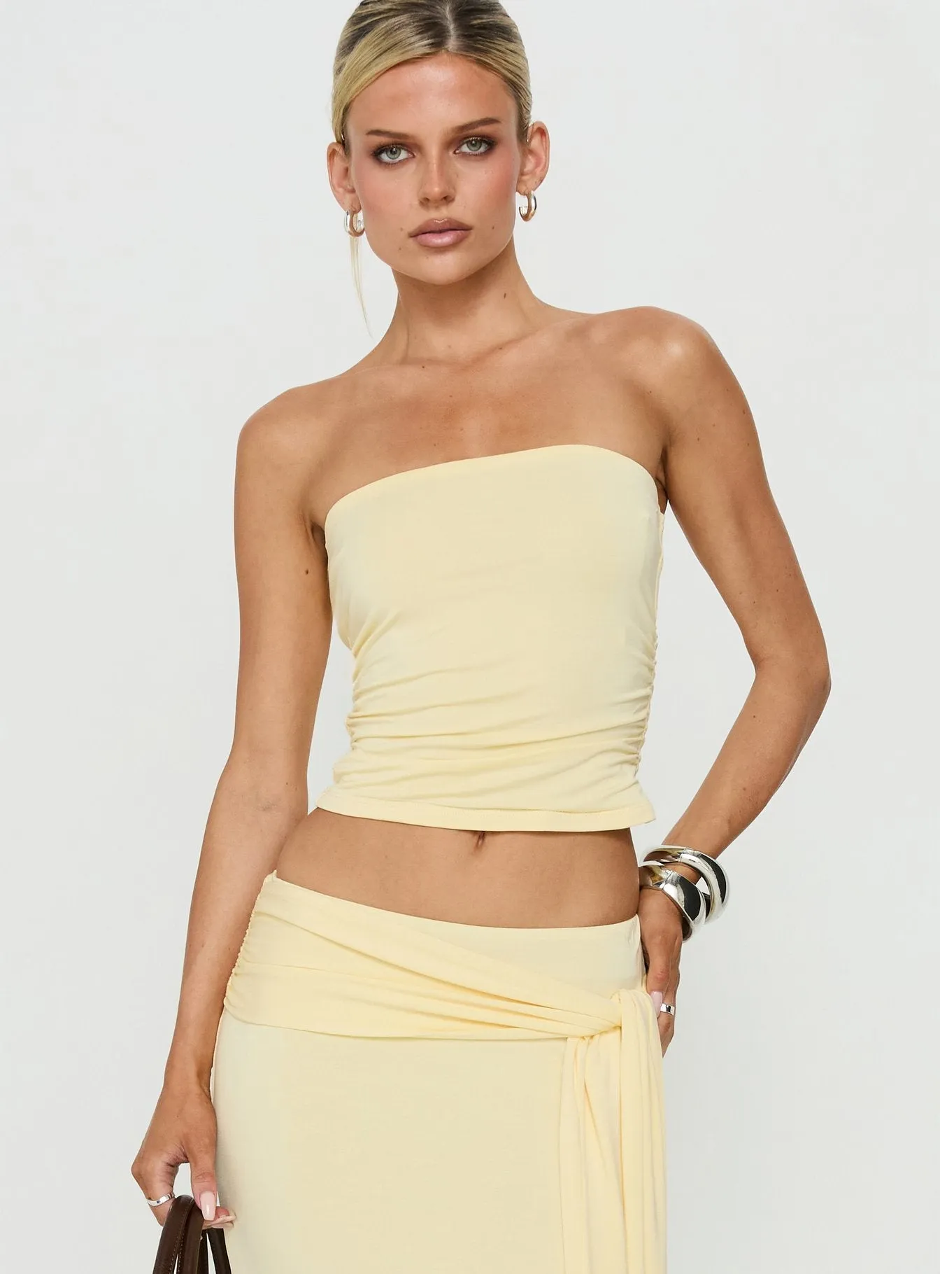Aymee Strapless Ruched Top Yellow sold by Princess Polly