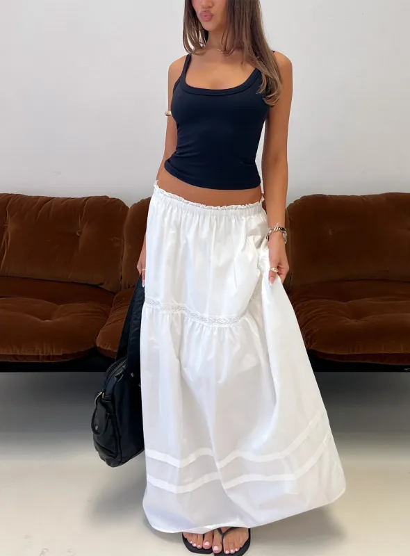 Meanna Tiered Maxi Skirt White made by Princess Polly