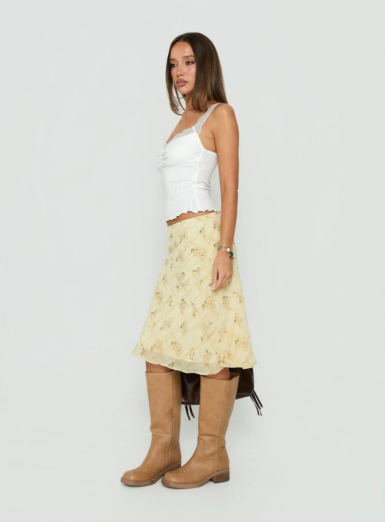 Evina Picot Trim Midi Skirt Yellow Paisley sold by Princess Polly product image thumbnail 4