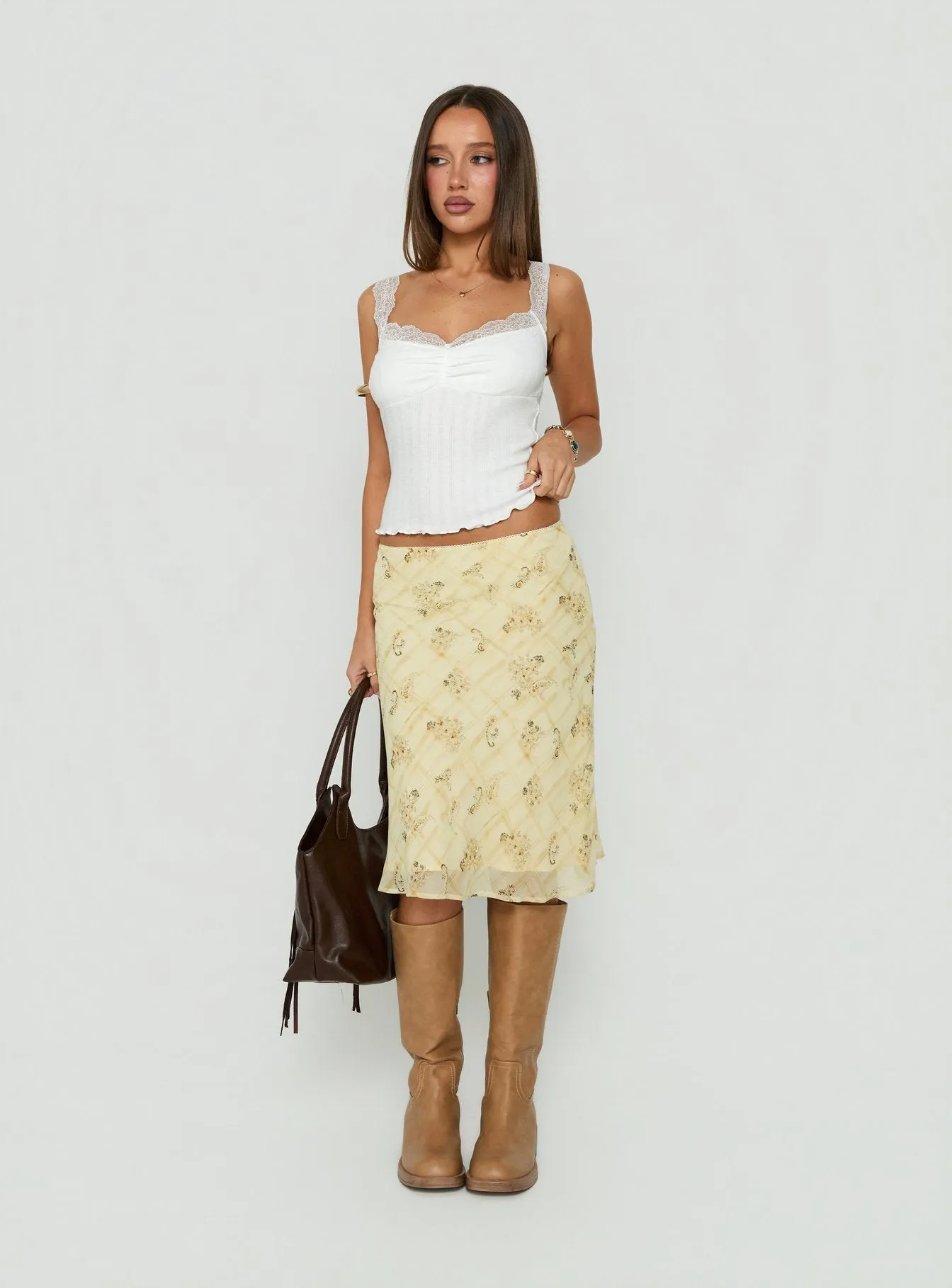 Evina Picot Trim Midi Skirt Yellow Paisley sold by Princess Polly product image thumbnail 2