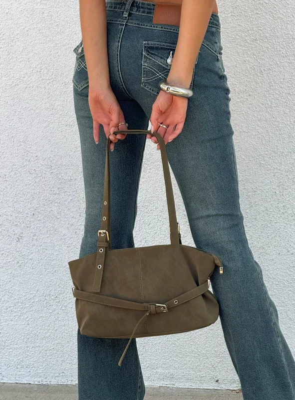 Cosimma Buckle Detail Faux Suede Shoulder Bag Khaki made by Princess Polly