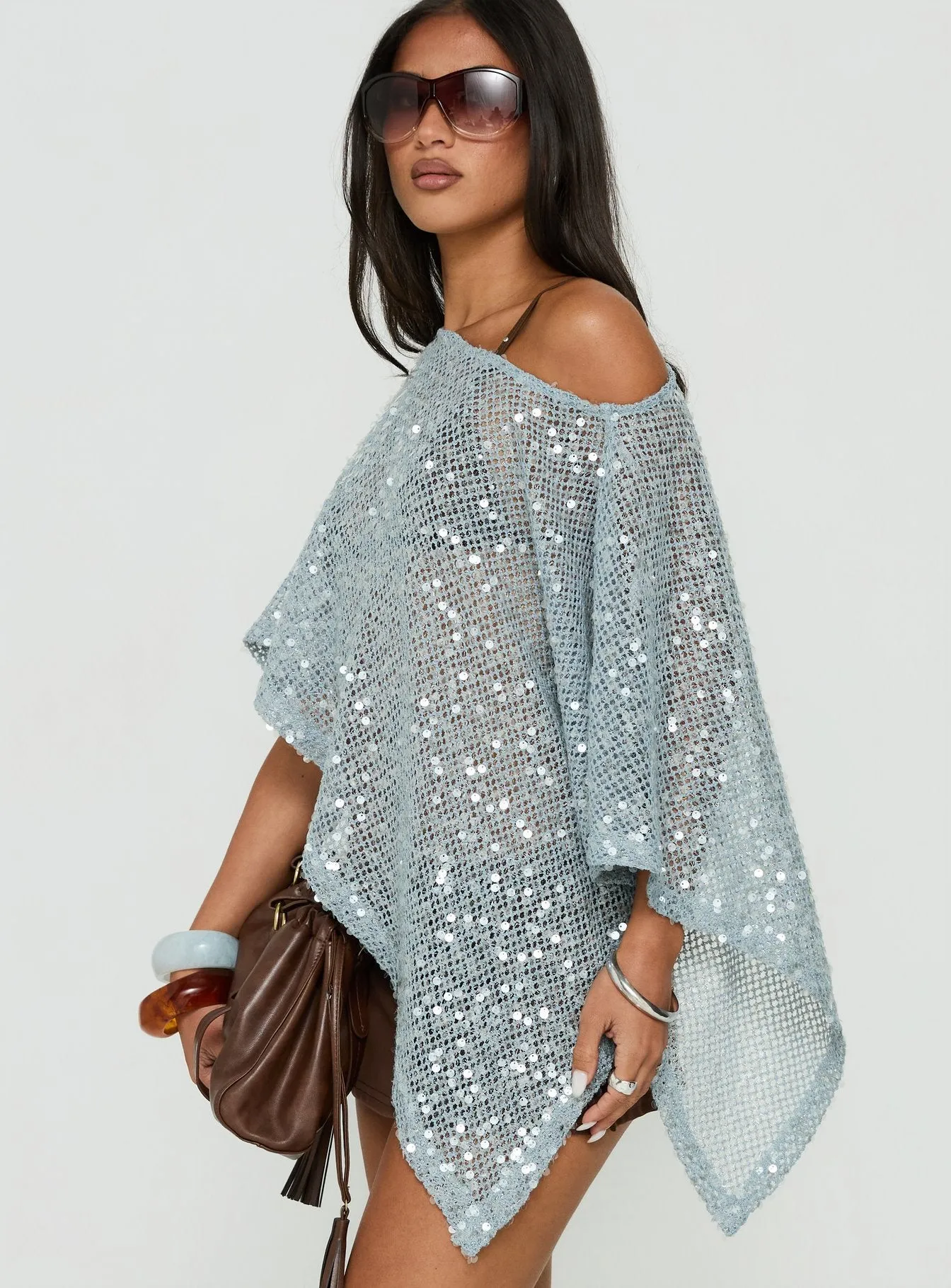 Grotto Asymmetrical Boat Neck Poncho Blue Sparkle sold by Princess Polly product image thumbnail 3