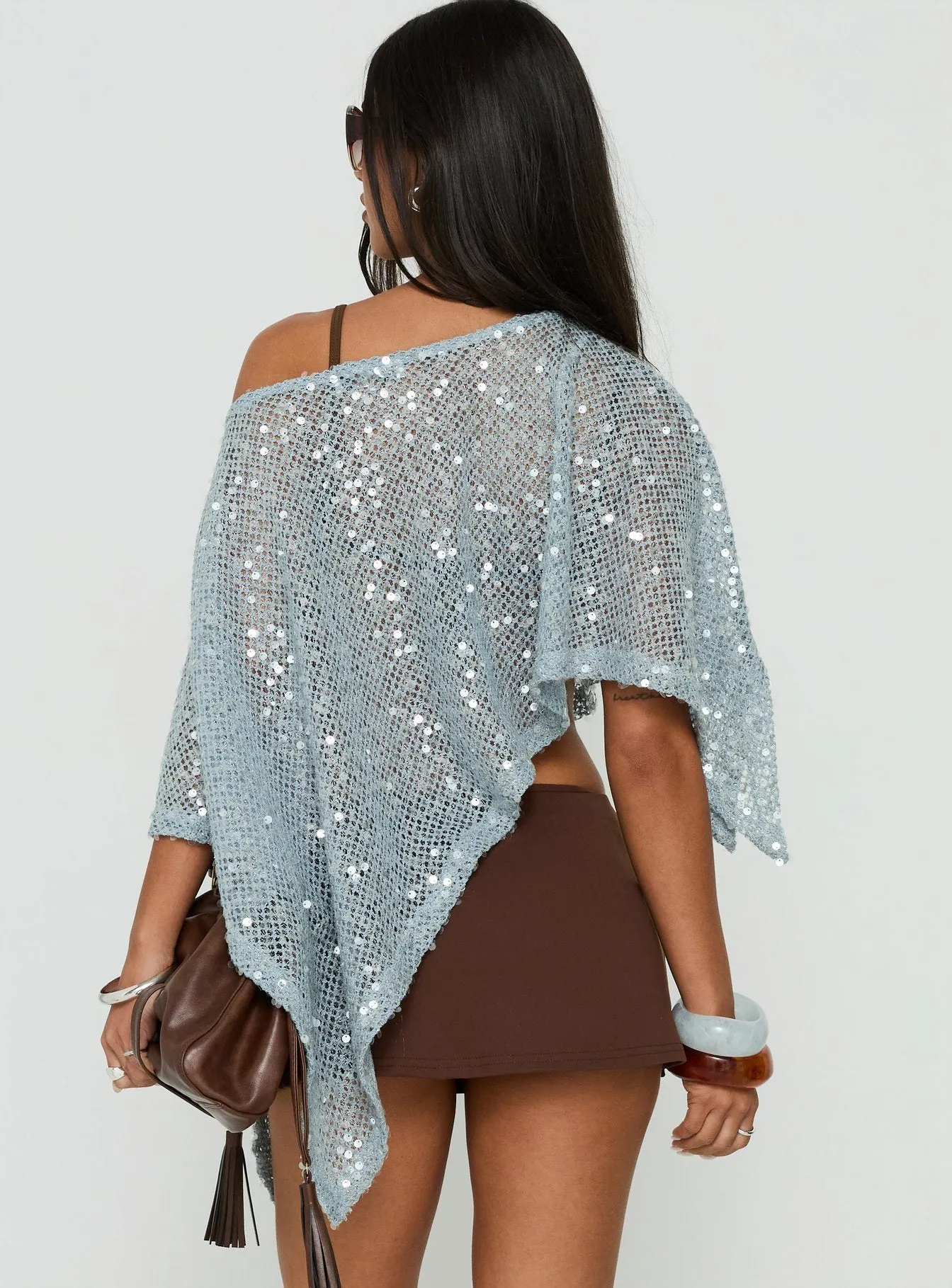 Grotto Asymmetrical Boat Neck Poncho Blue Sparkle sold by Princess Polly product image thumbnail 4