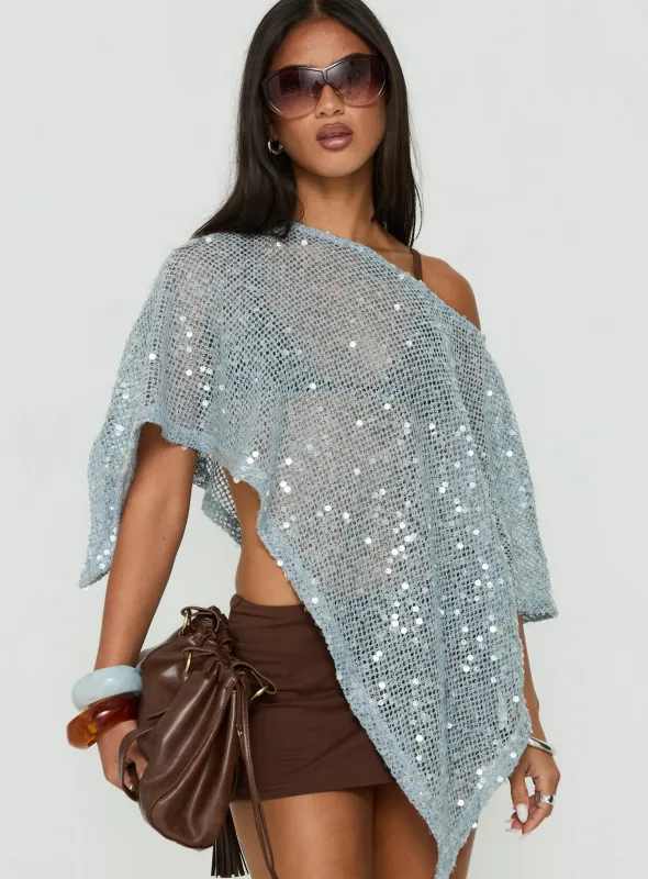 Grotto Asymmetrical Boat Neck Poncho Blue Sparkle made by Princess Polly