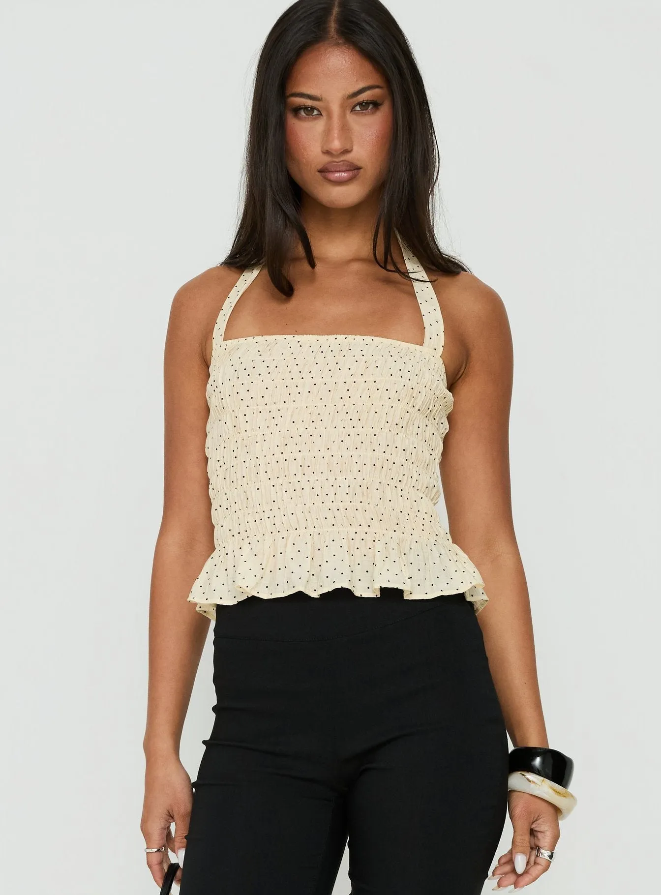 Almost Love Shirred Halter Top Butter Polka Dot sold by Princess Polly
