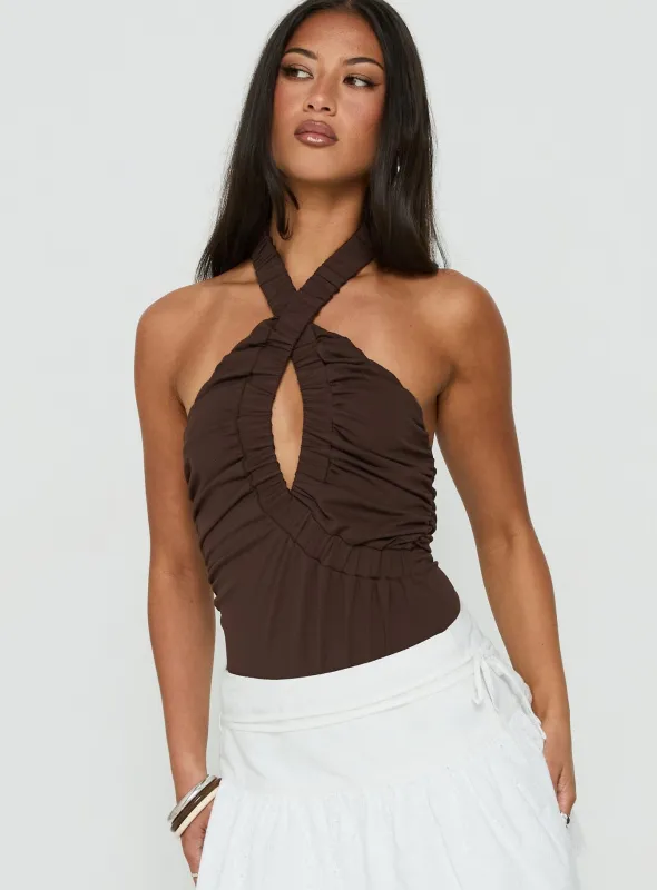 Pettra Halter Neck Bodysuit Brown made by Princess Polly