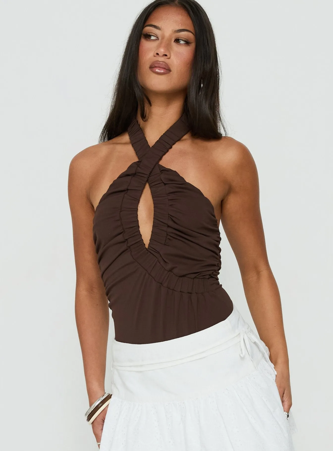 Pettra Halter Neck Bodysuit Brown sold by Princess Polly