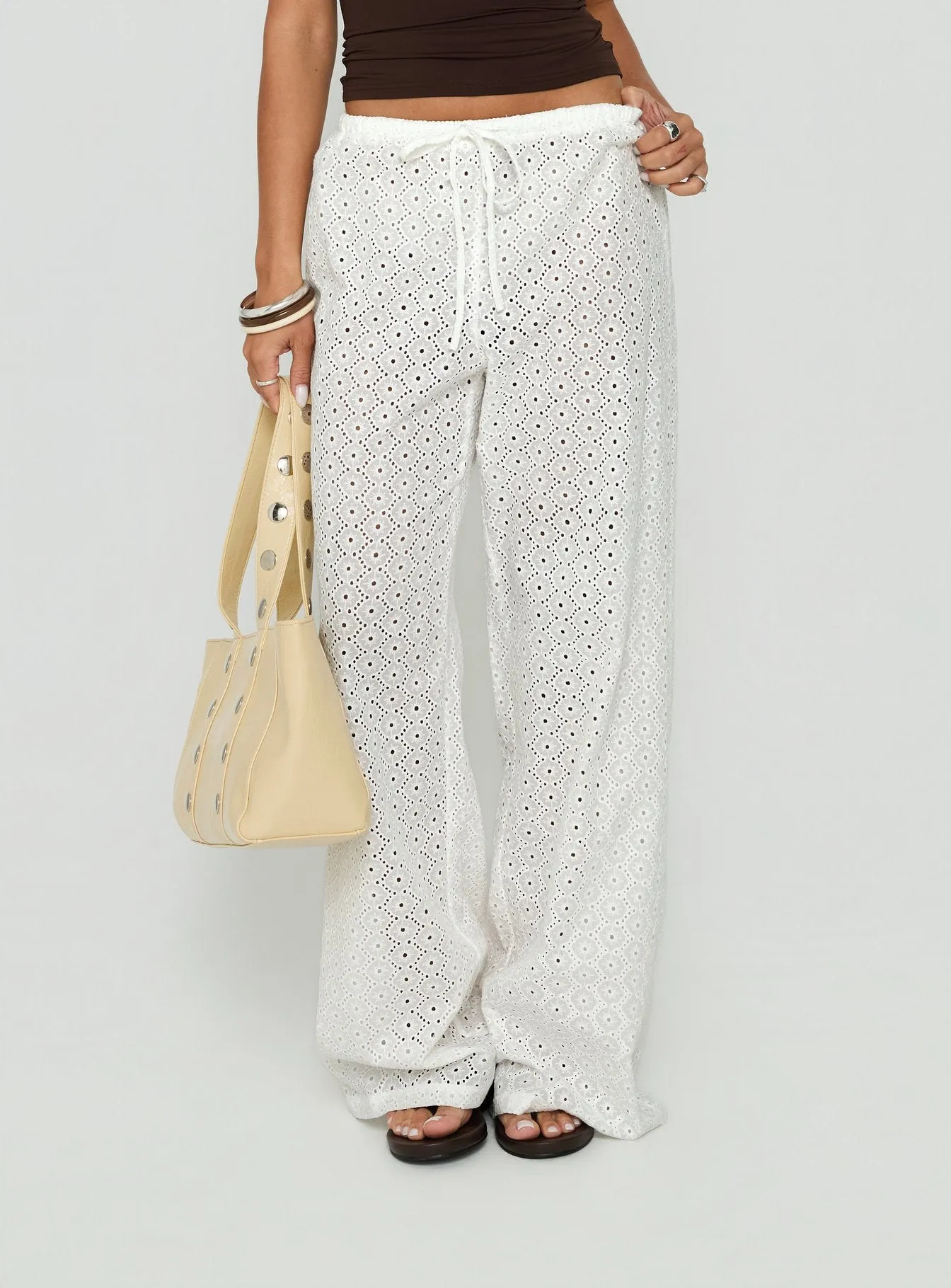 Lindora Drawstring Wide Leg Pants White Broderie sold by Princess Polly product image thumbnail 2