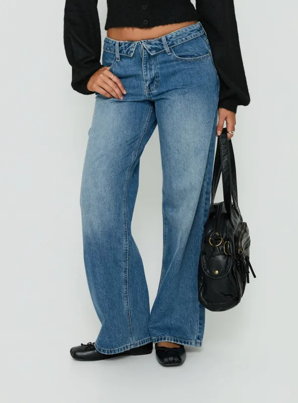 Serenitia Mid Rise Foldover Relaxed Jeans Vintage Mid Blue made by Princess Polly