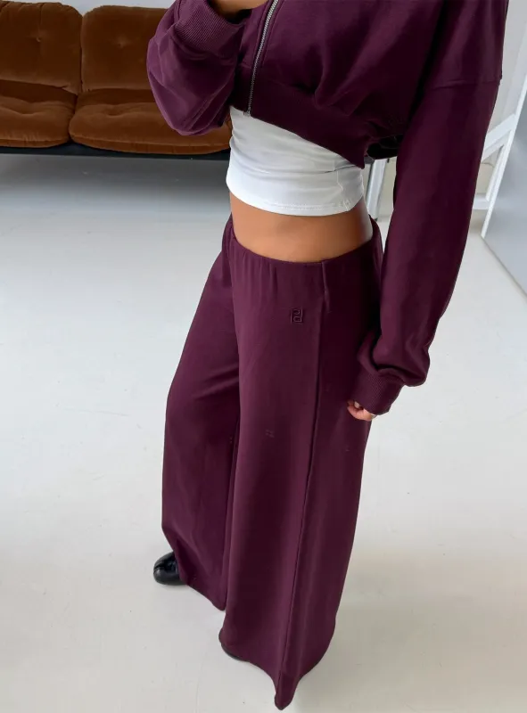 Kaeya Fleece Wide Leg Low Rise Pants Plum made by Princess Polly