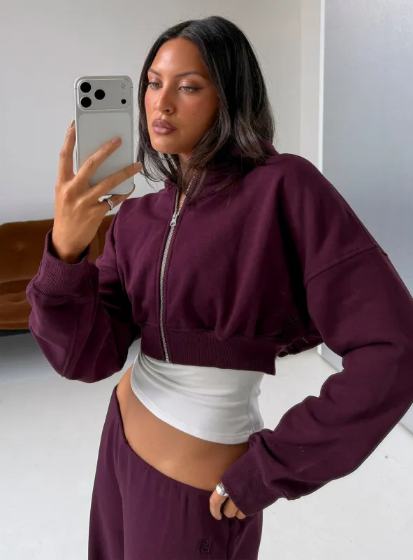 Lanna Fleece Zip Through Cropped Hoodie Plum made by Princess Polly