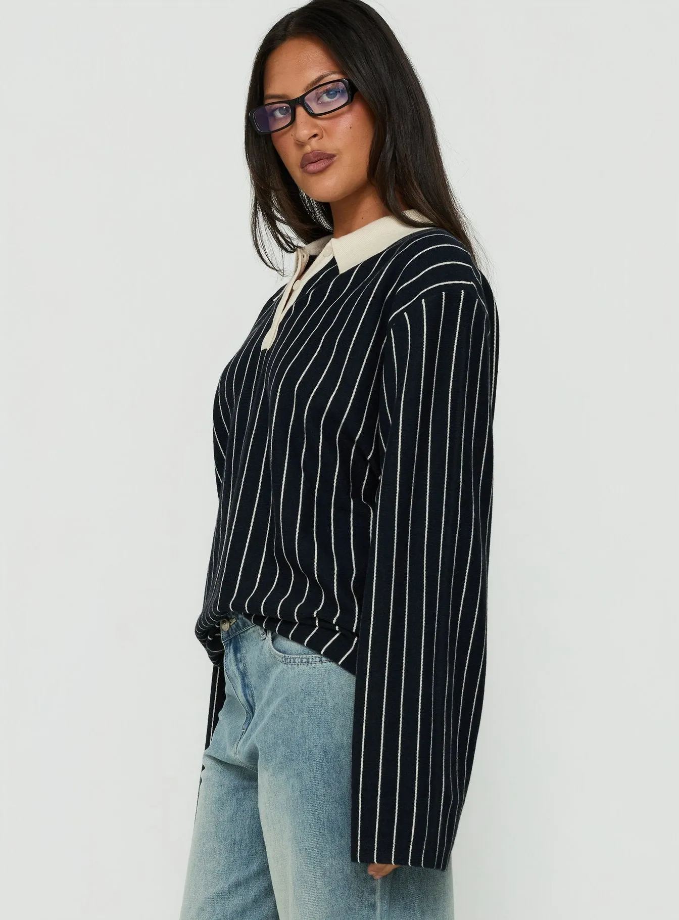 Boarders V Neck Polo Jumper Navy Stripe sold by Princess Polly product image thumbnail 4