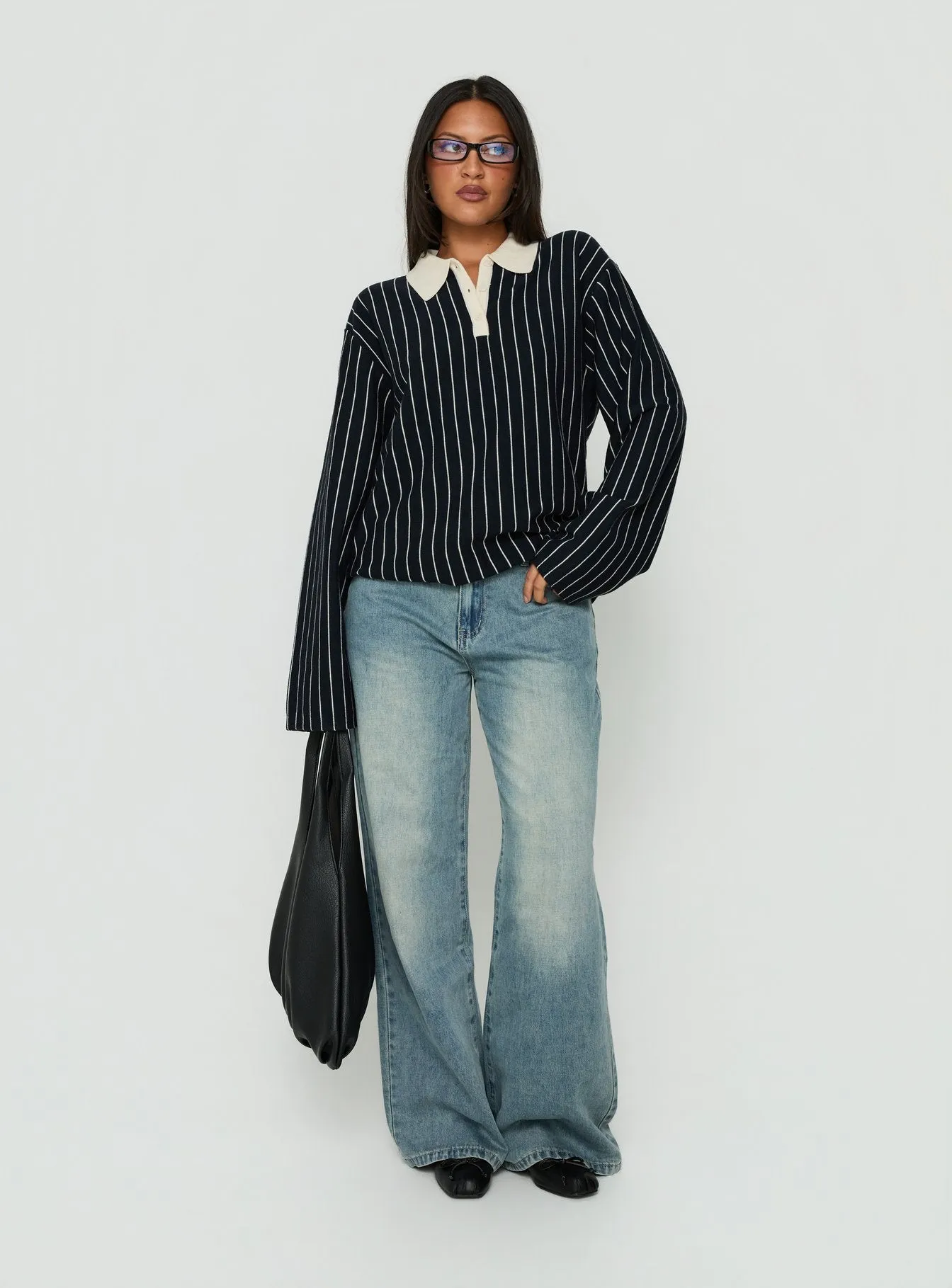 Boarders V Neck Polo Jumper Navy Stripe sold by Princess Polly product image thumbnail 3
