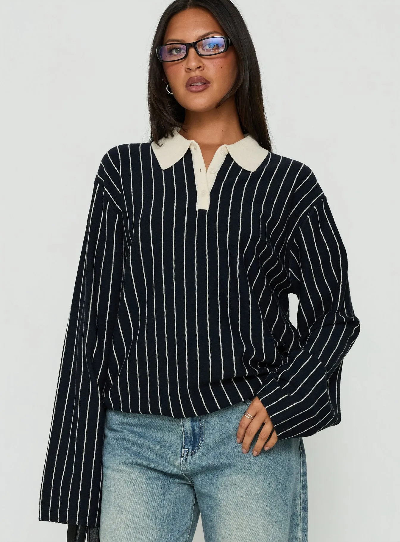 Boarders V Neck Polo Jumper Navy Stripe sold by Princess Polly product image thumbnail 2