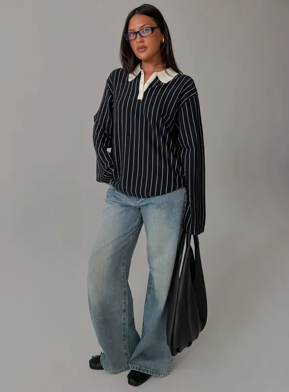 Boarders V Neck Polo Jumper Navy Stripe made by Princess Polly