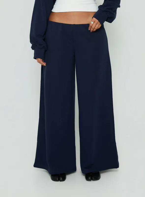 Kaeya Fleece Wide Leg Low Rise Pants Navy made by Princess Polly