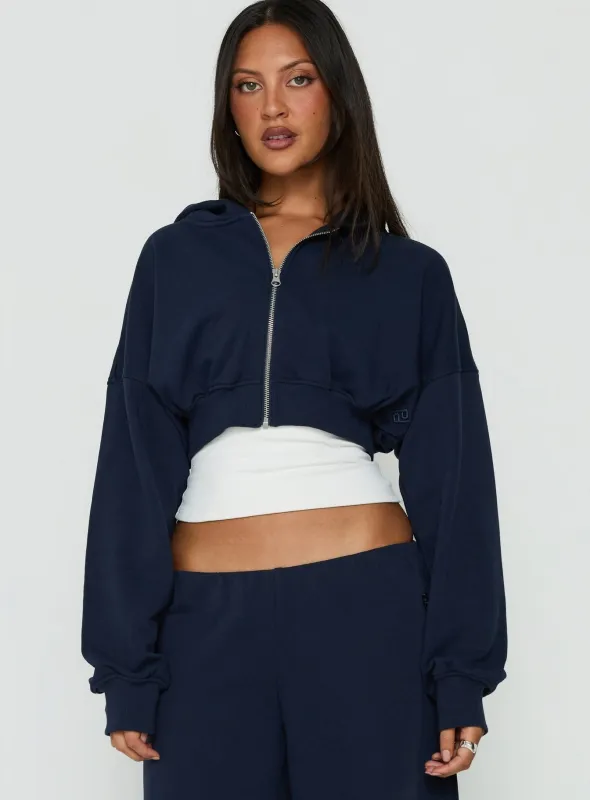 Lanna Fleece Zip Through Cropped Hoodie Navy made by Princess Polly