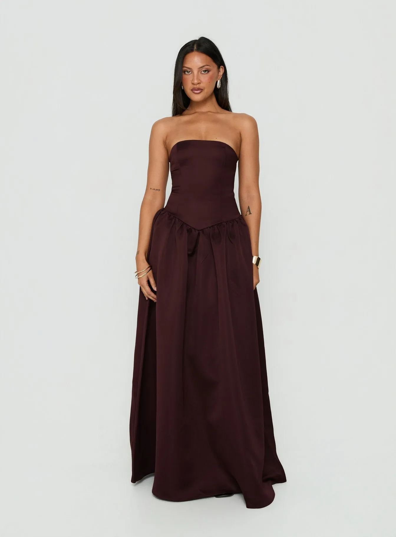 Soft Bloom Drop Waist Strapless Maxi Dress Chocolate sold by Princess Polly product image thumbnail 2