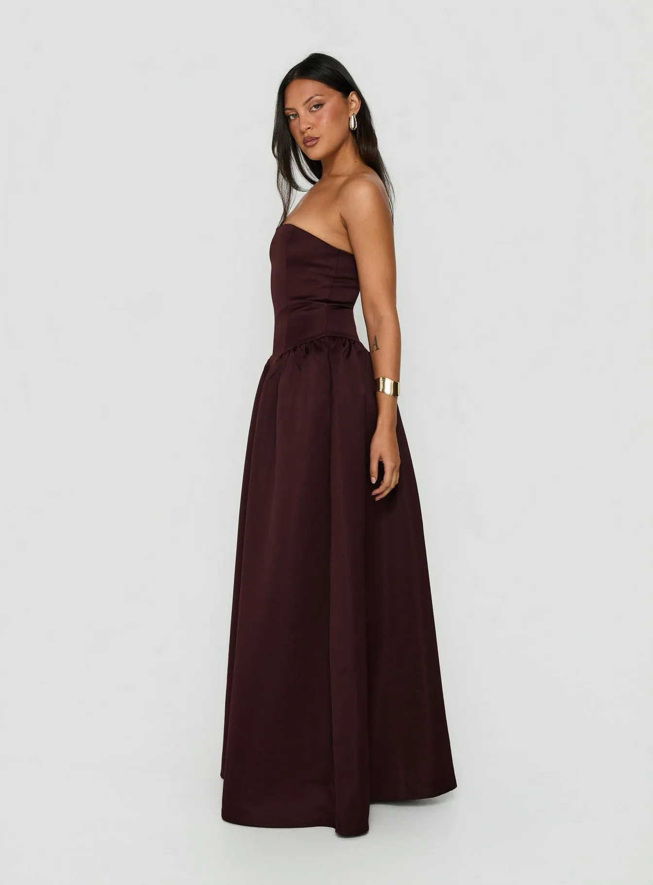 Soft Bloom Drop Waist Strapless Maxi Dress Chocolate sold by Princess Polly product image thumbnail 3