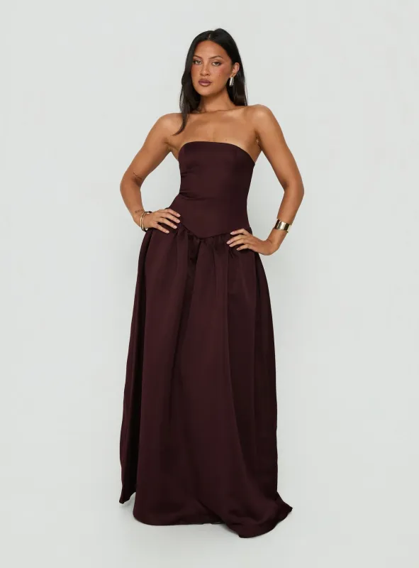 Soft Bloom Drop Waist Strapless Maxi Dress Chocolate made by Princess Polly