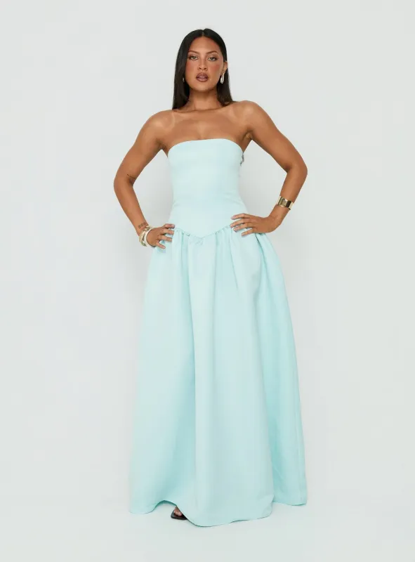 Soft Bloom Drop Waist Strapless Maxi Dress Blue made by Princess Polly