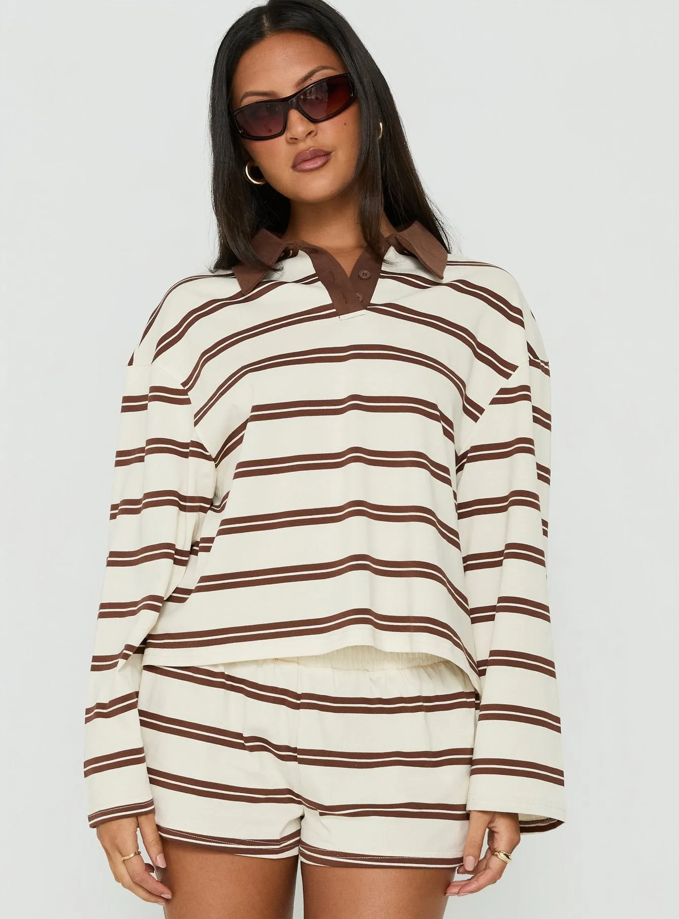Eddi Long Sleeve Polo Top Cream / Brown Stripe sold by Princess Polly product image thumbnail 2