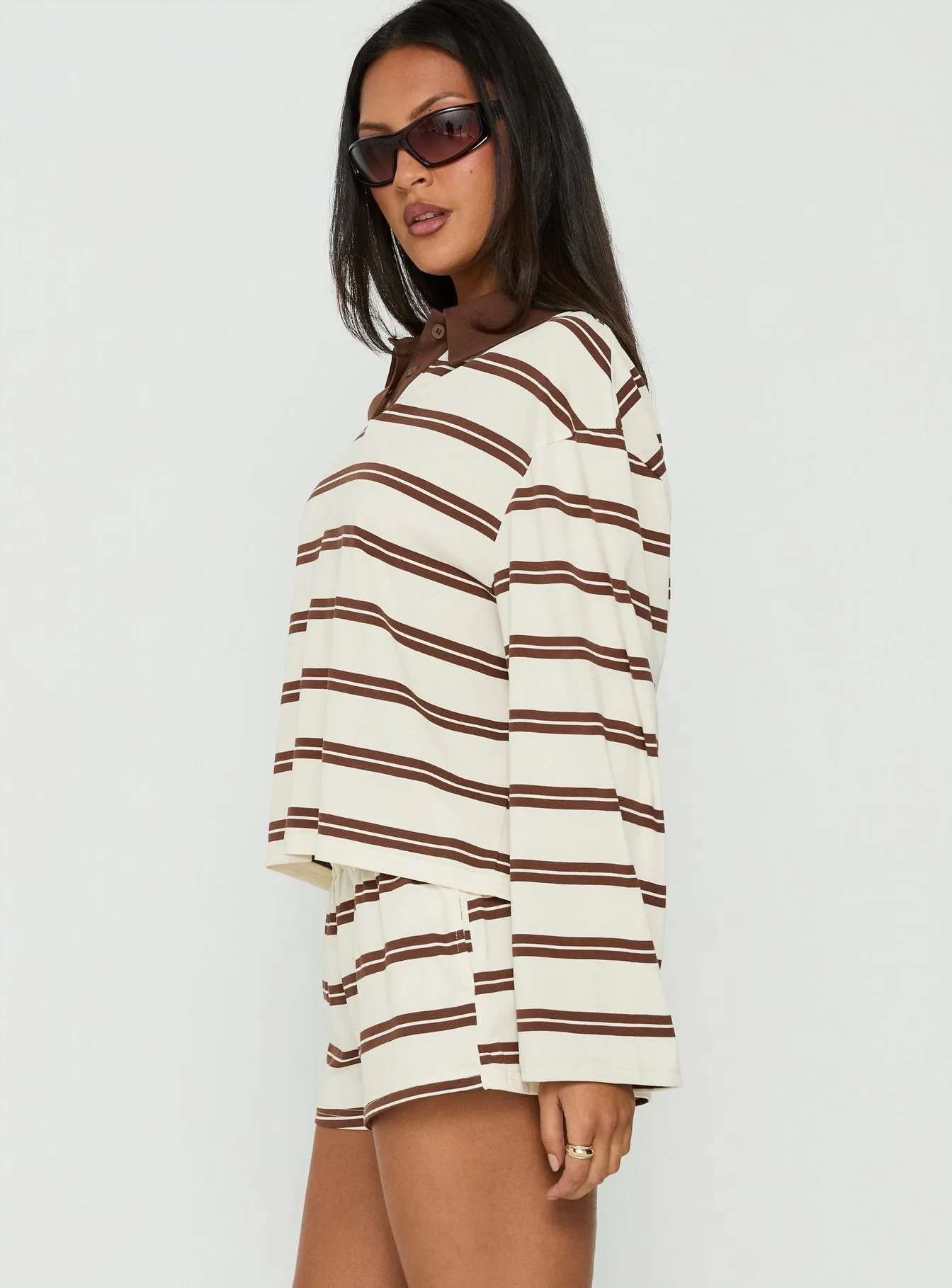 Eddi Long Sleeve Polo Top Cream / Brown Stripe sold by Princess Polly product image thumbnail 4