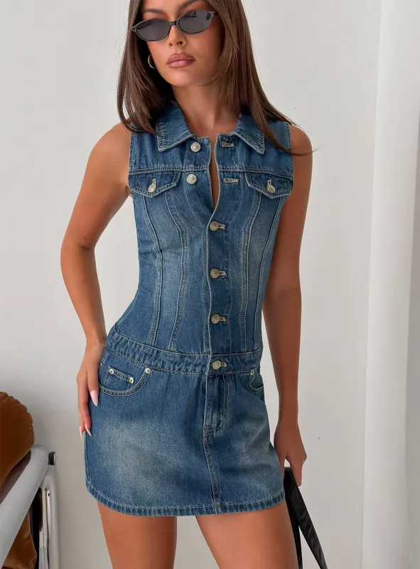 Divinitee Denim Button Down Mini Dress Blue made by Princess Polly