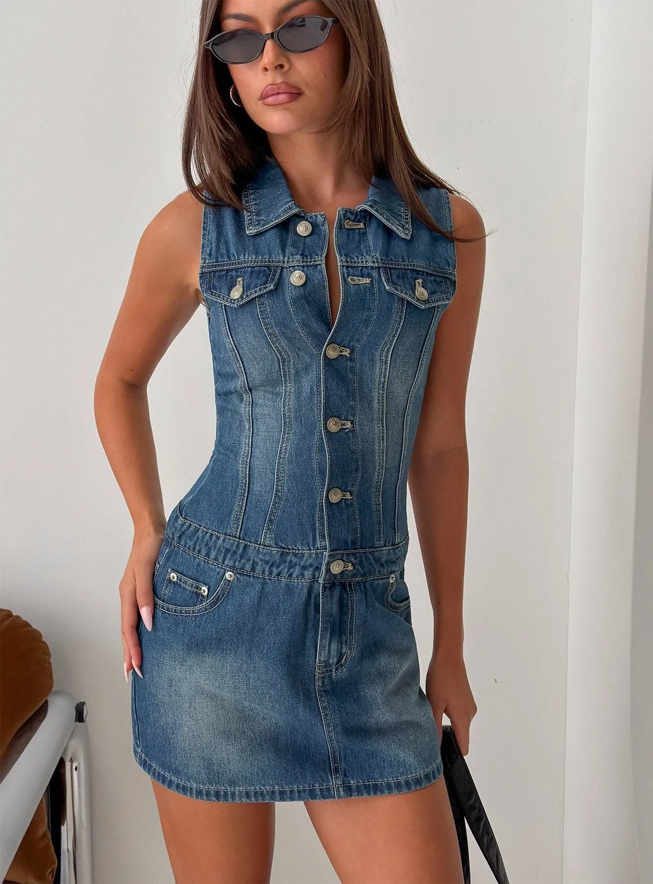 Divinitee Denim Button Down Mini Dress Blue sold by Princess Polly