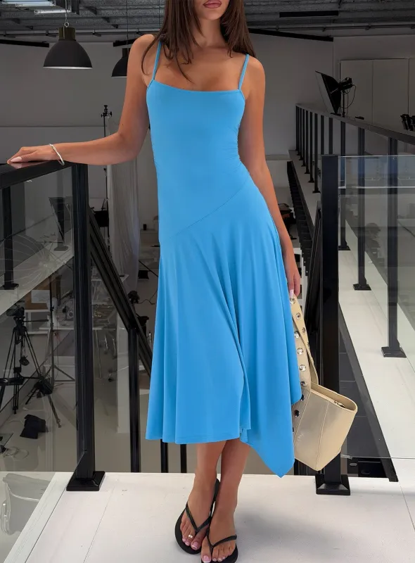 Caught Up Drop Waist Asymmetrical Midi Dress Blue made by Princess Polly