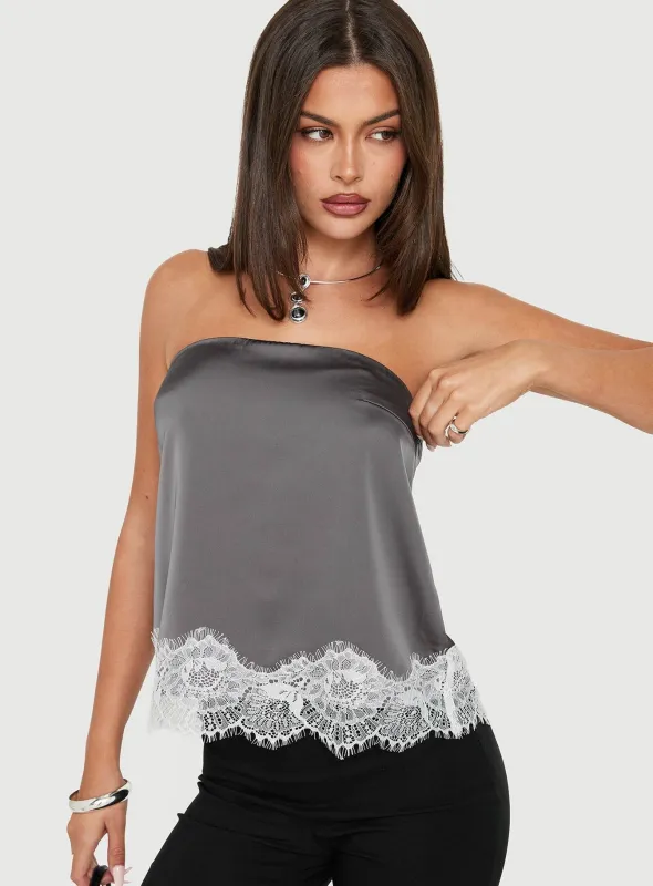 Sheyla Strapless Satin Lace Trim Top Grey / White made by Princess Polly