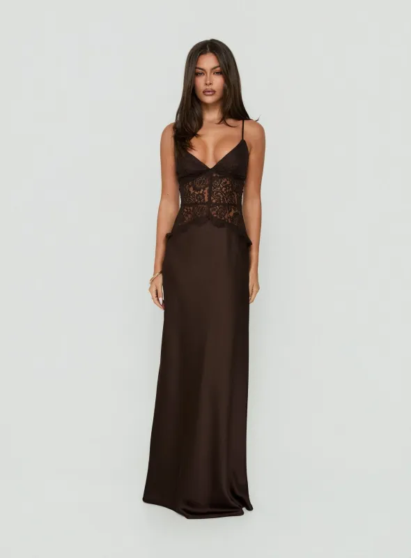 Kylenn Lace Panel Satin Maxi Dress Chocolate made by Princess Polly