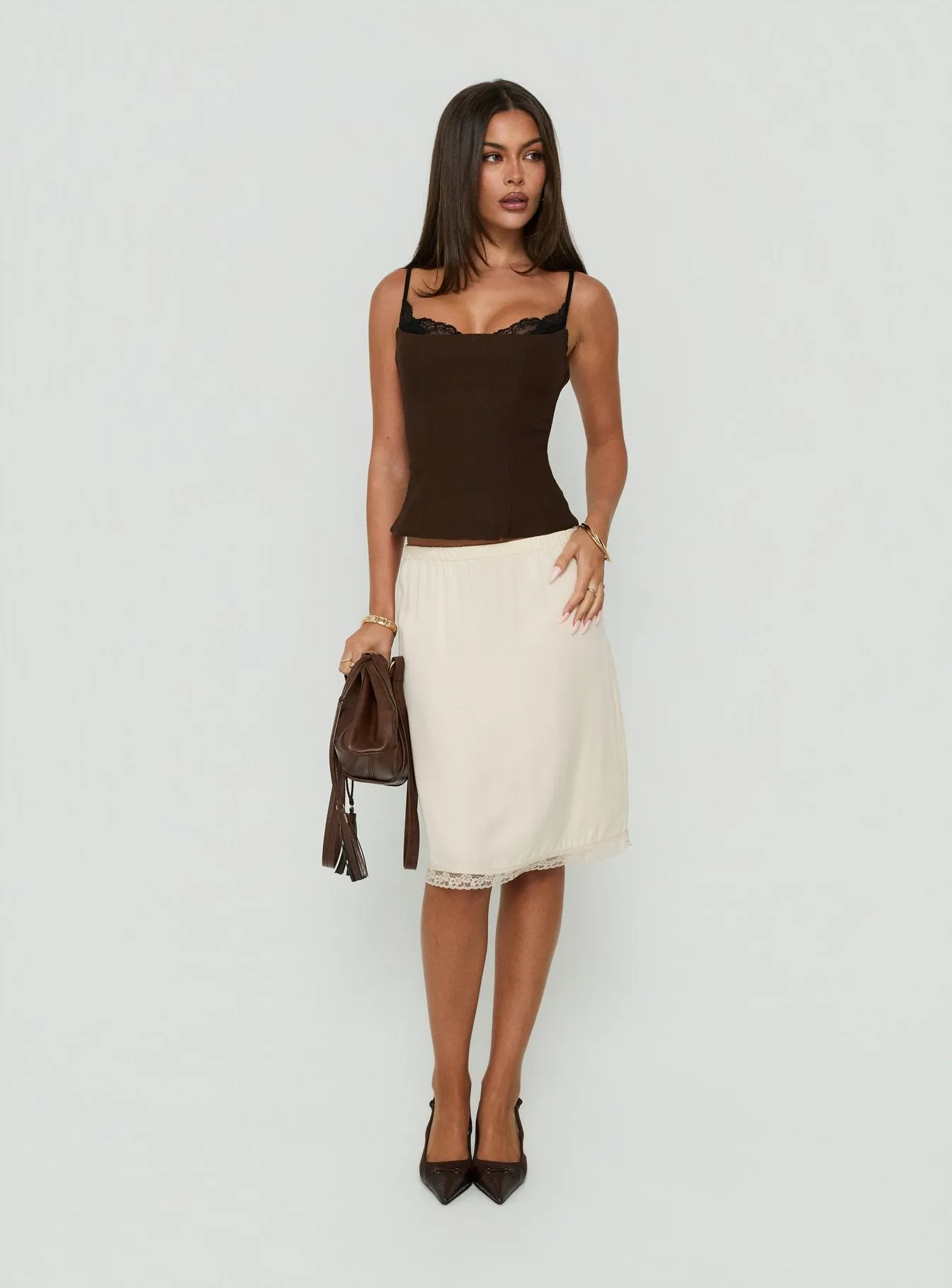 Bella Lace Trim Midi Skirt Butter sold by Princess Polly product image thumbnail 2