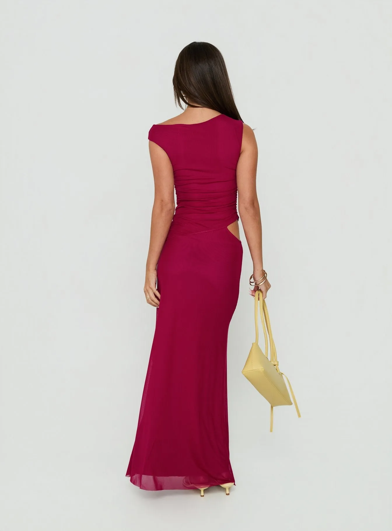 Krystyna Off Shoulder Ruched Mesh Maxi Dress Berry sold by Princess Polly product image thumbnail 4